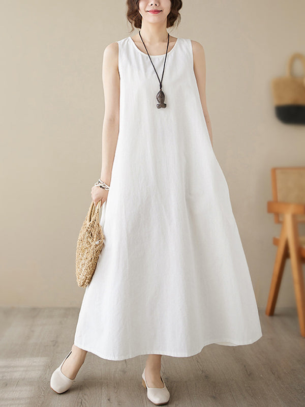 Solid Color Loose Sleeveless Round-Neck Midi Dresses