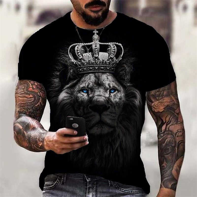 Men's T shirt Tee 3D Print Graphic Lion Crew Neck Daily Sports Print Short Sleeve Tops Casual Classic Designer Big and Tall Black