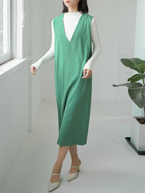 Casual A-Line Sleeveless Solid Color V-Neck Midi Dresses