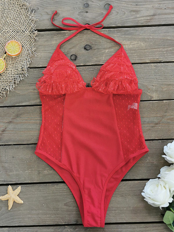 Padded Backless Contrast Color Lace-Up Split-Joint One-Piece Swimwear