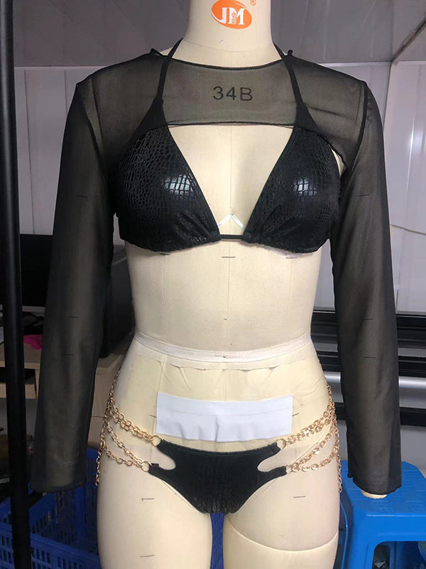 Three-Piece Suit Bandage Belly-Hollow Snakeskin Halter-Neck Bikini Swimsuit