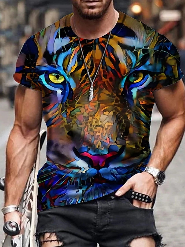Men's T shirt 3D Print Tiger Animal Crew Neck Street Casual Print Short Sleeve Tops Sportswear Casual Fashion Comfortable Blue