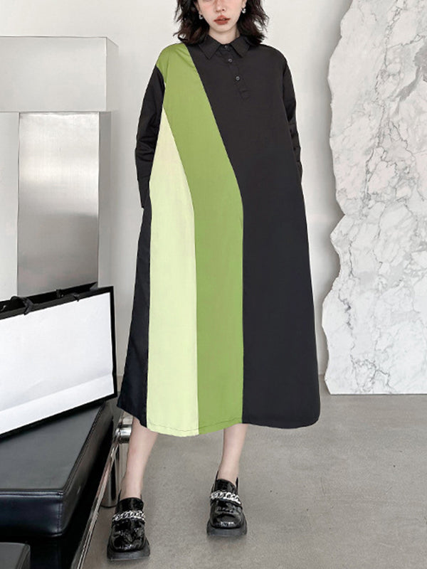 Long Sleeves Loose Asymmetric Buttoned Contrast Color Split-Joint Lapel Midi Dresses Shirt Dress