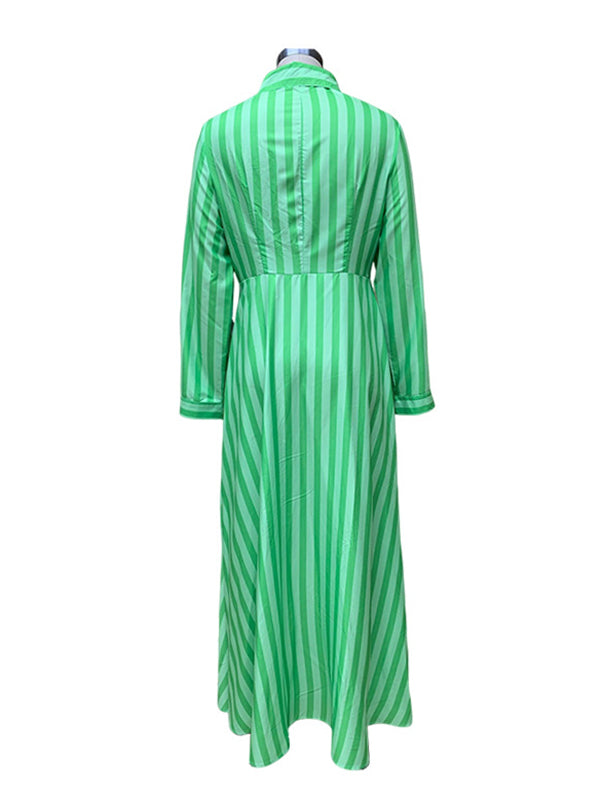 Stylish Long Sleeves Striped Lapel Collar Maxi Dresses