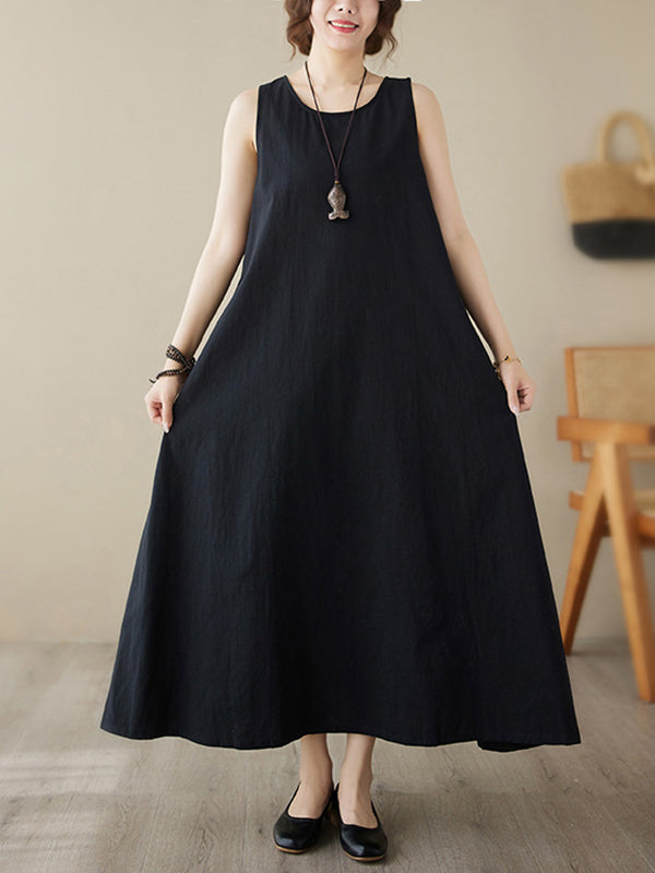Solid Color Loose Sleeveless Round-Neck Midi Dresses