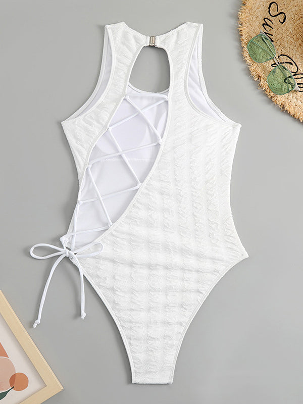 Bandage Hollow Printed Padded U-Neck One-Piece Swimwear