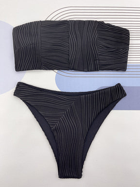 Bandage Solid Color Striped Padded Tube Bikini Swimsuit