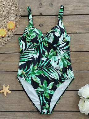 Contrast Color Hollow Leaves Print Padded Spaghetti-Neck One-Piece Swimwear