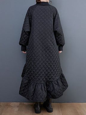 Casual Long Sleeves A-Line Rhombic Falbala High-Neck Midi Dresses