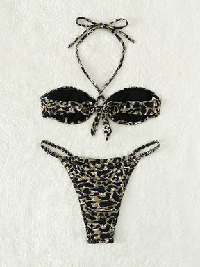 Padded Backless Hollow Leopard Halter-Neck Bikini Swimsuit
