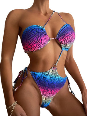 Belly-Hollow Contrast Color Zebra-Stripe Padded One-Shoulder One-Piece Swimwear