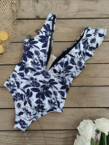 Contrast Color Falbala Flower Print Padded Deep V-Neck One-Piece Swimwear