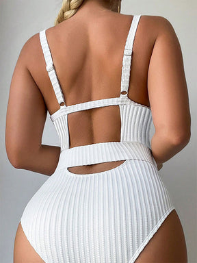 Padded Belted Hollow Striped Deep V-Neck One-Piece Swimwear