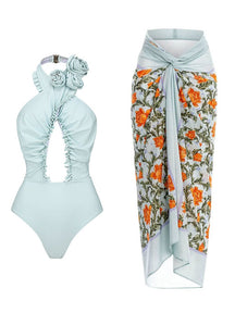 Backless Flower Print Flower Shape Hollow Cover-Ups&One-Piece Swimwear