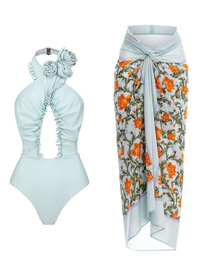 Backless Flower Print Flower Shape Hollow Cover-Ups&One-Piece Swimwear