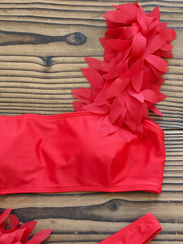 Falbala Solid Color Split-Joint Padded One-Shoulder Bikini Swimsuit