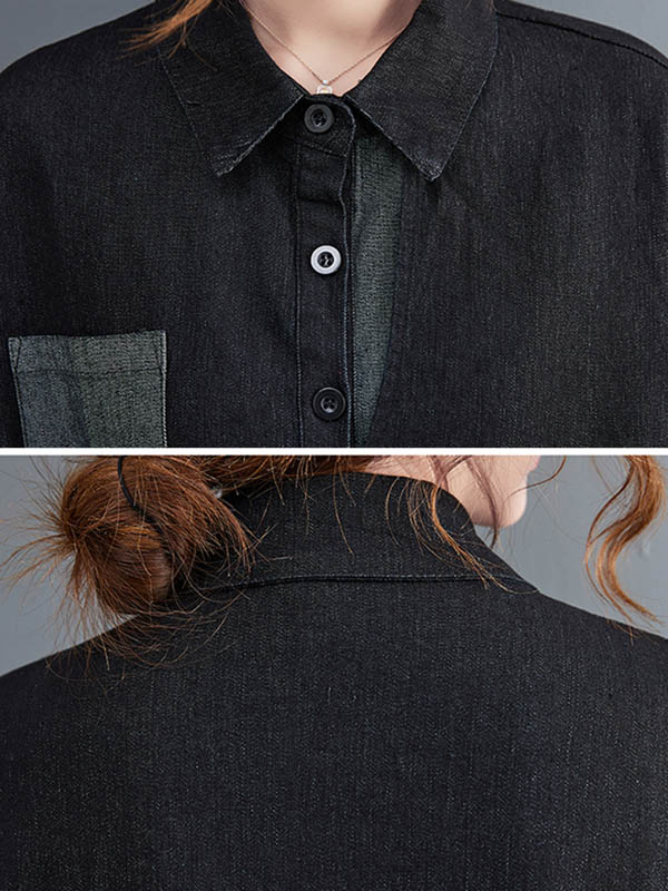 Original Loose Denim Split-Joint Tied Lapel Collar Long Sleeves Midi Dress