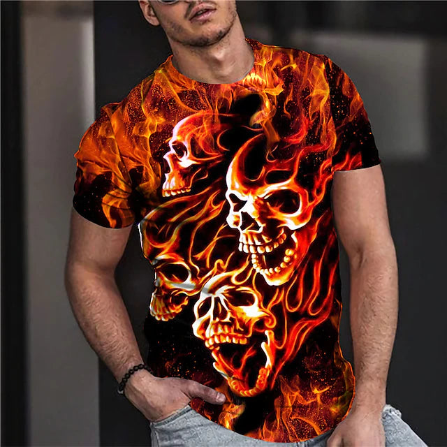 Men's Unisex T shirt Tee Skull Graphic Prints Flame Crew Neck Orange 3D Print Outdoor Street Short Sleeve Print Clothing Apparel Sports Designer Casual Big and Tall / Summer / Summer