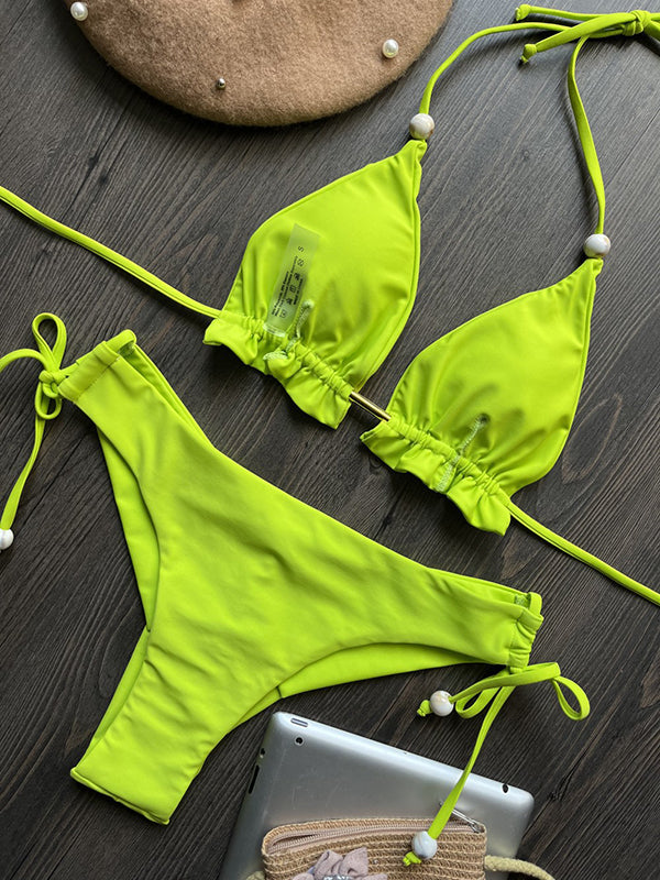 Backless Bandage Drawstring Solid Color Padded Bikini Swimsuit
