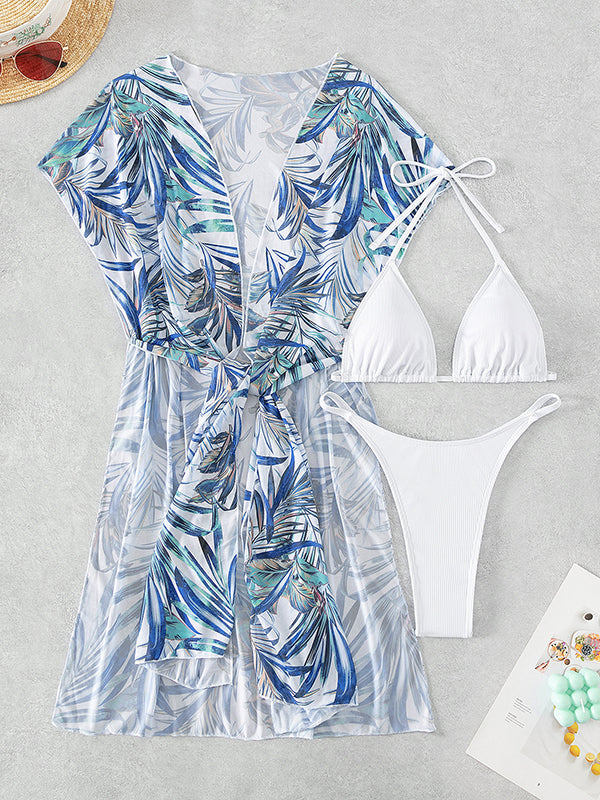 High-Low Bandage Floral Printed Hollow Bikini Swimsuit&Cover-Ups Swimwear