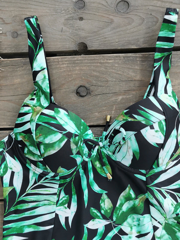 Contrast Color Hollow Leaves Print Padded Spaghetti-Neck One-Piece Swimwear