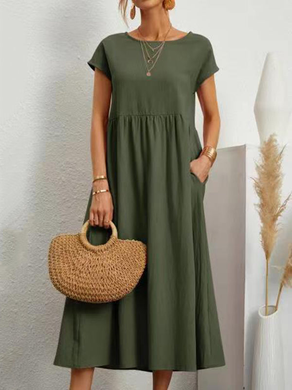Pleated Solid Color Loose Short Sleeves Round-Neck Midi Dresses