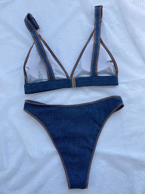 Backless Buckle Solid Color Padded Deep V-Neck Bikini Swimsuit