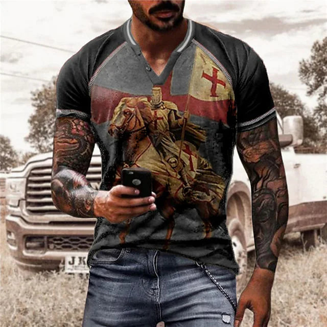 Men's T shirt Tee Tee Graphic Color Block Knights Templar V Neck Clothing Apparel 3D Print Outdoor Casual Short Sleeve Patchwork Button Fashion Designer Comfort