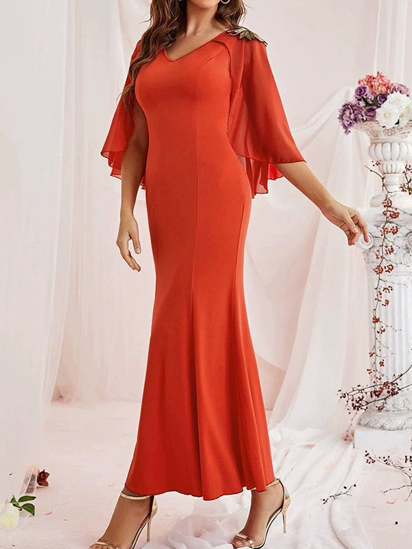 Gauze Solid Color Split-Joint Zipper Batwing Sleeves Bodycon V-Neck Maxi Dresses