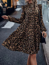 Leopard Pleated Split-Joint Loose Puff Sleeves Stand Collar Midi Dresses