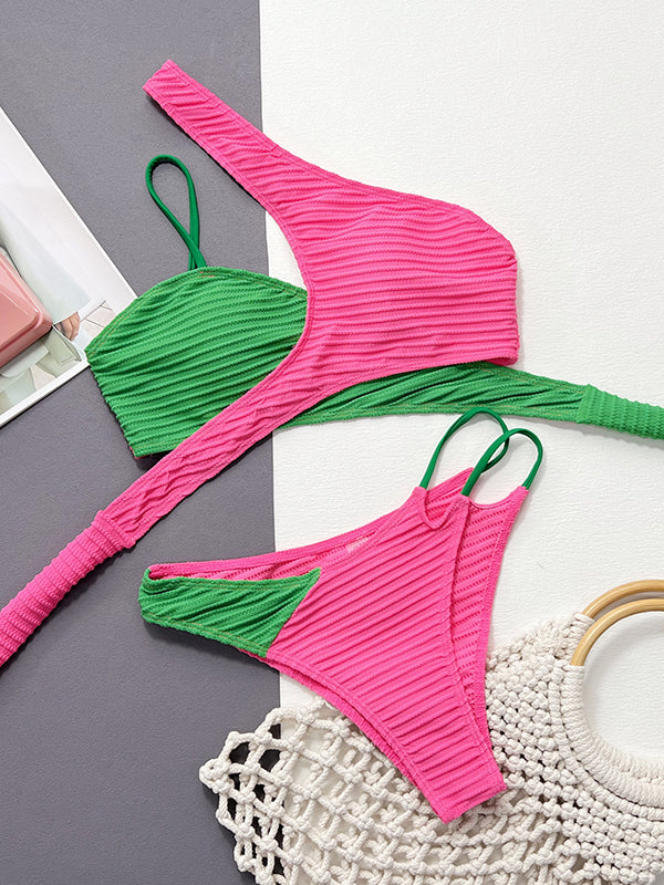Bandage Belly-Hollow Color-Block Padded One-Shoulder Bikini Swimsuit