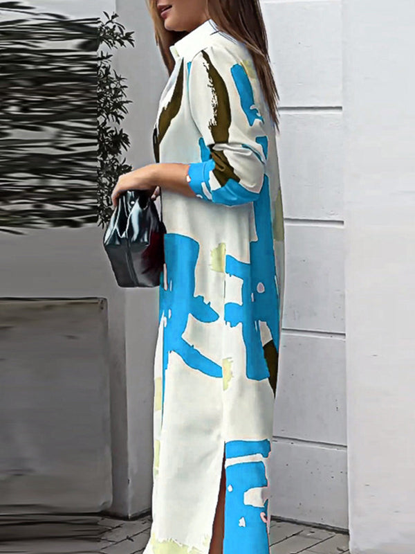 Buttoned Contrast Color Pockets Printed Split-Side Loose Wrap Shirt Dress