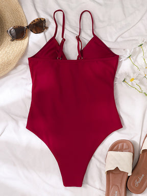Bandage Belly-Hollow Solid Color Padded Deep V-Neck One-Piece Swimwear