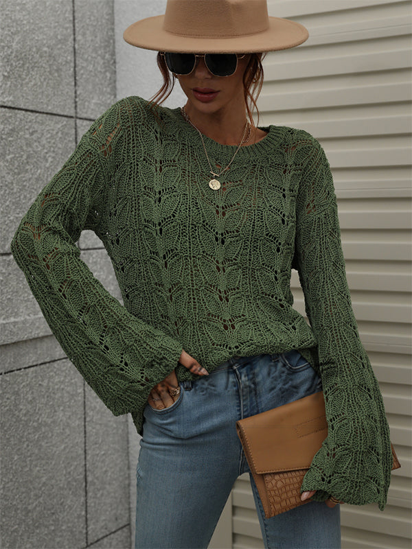 Original Creation Long Sleeves Loose Hollow Solid Color Round-Neck Sweater Tops