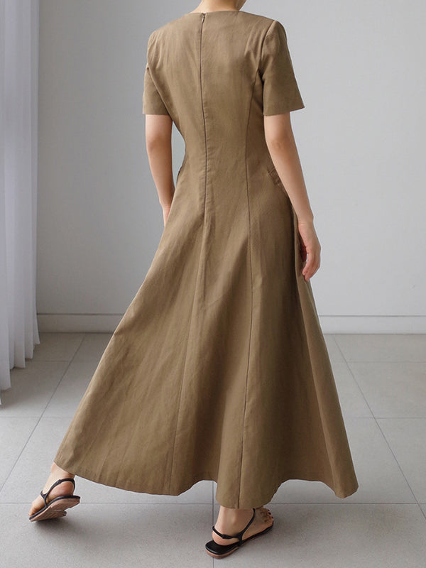Simple Casual Solid Color Pleated Midi Dress