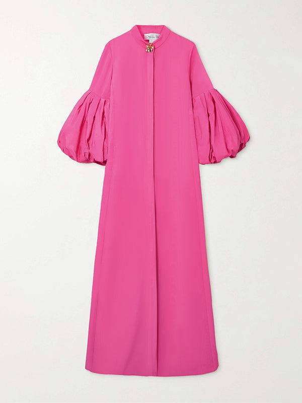 Loose Flower Shape Solid Color Stand Collar Lantern Sleeves Maxi Dresses