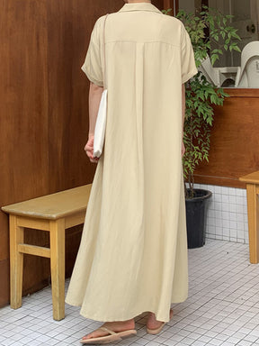 Vintage Solid Color Short Sleeve Loose Casual Midi Dress