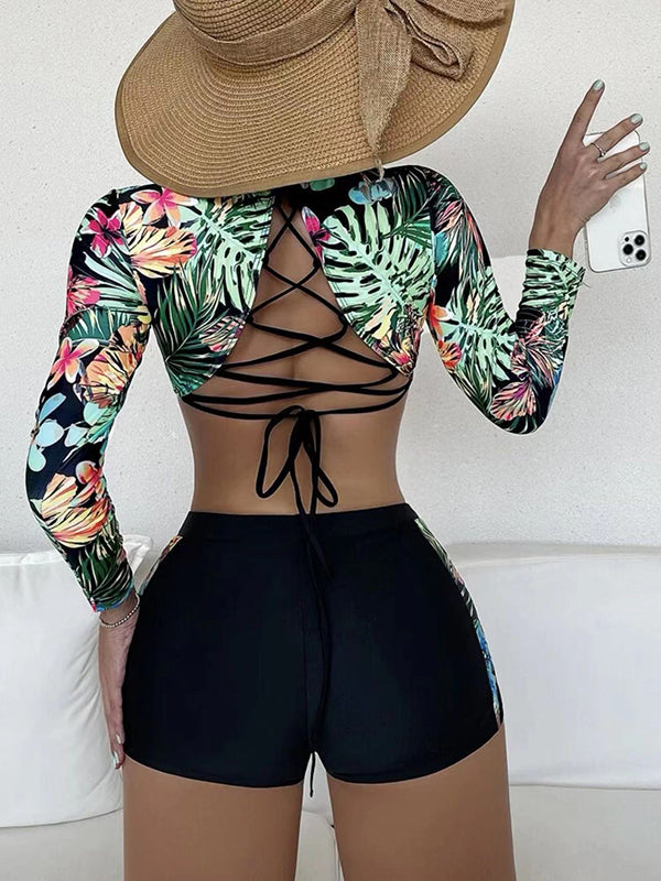 Padded Bandage Contrast Color Floral Printed Hollow Round-Neck Wetsuit