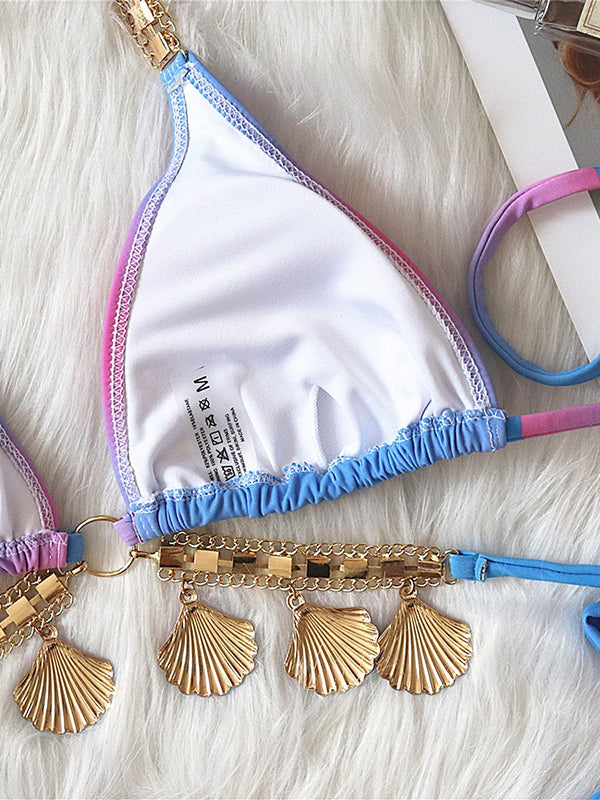 Padded Bandage Chains Shell Color-Block Bikini Swimsuit