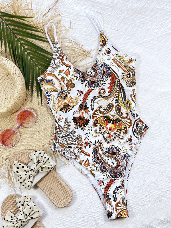 Bandage Floral Printed Hollow Padded Spaghetti-Neck One-Piece Swimwear