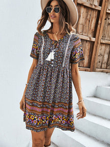 Casual A-Line Floral Printed Round-Neck Dress