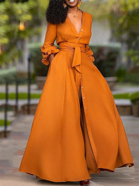 Puff Long Sleeves Buttoned Solid Color Deep V-Neck Maxi Shirt Dresses