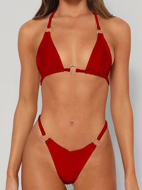 Backless Bandage Hollow Solid Color Padded Halter-Neck Bikini Swimsuit