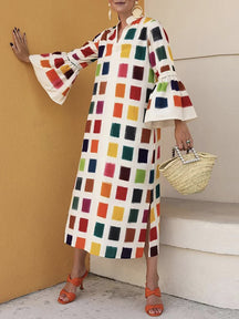 Original Flared Sleeves Split-Joint Multi-Colored Plaid Midi Dress