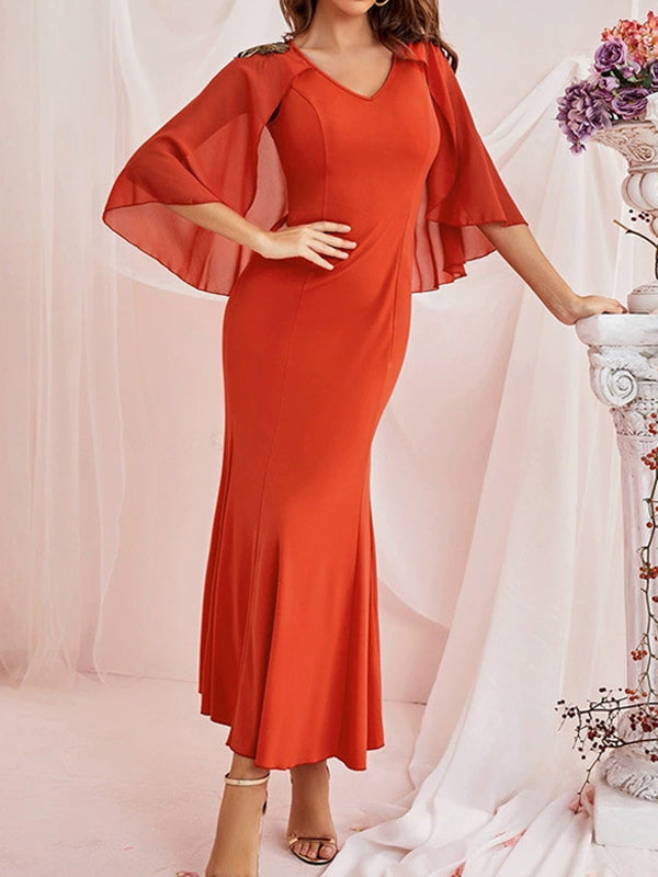 Gauze Solid Color Split-Joint Zipper Batwing Sleeves Bodycon V-Neck Maxi Dresses