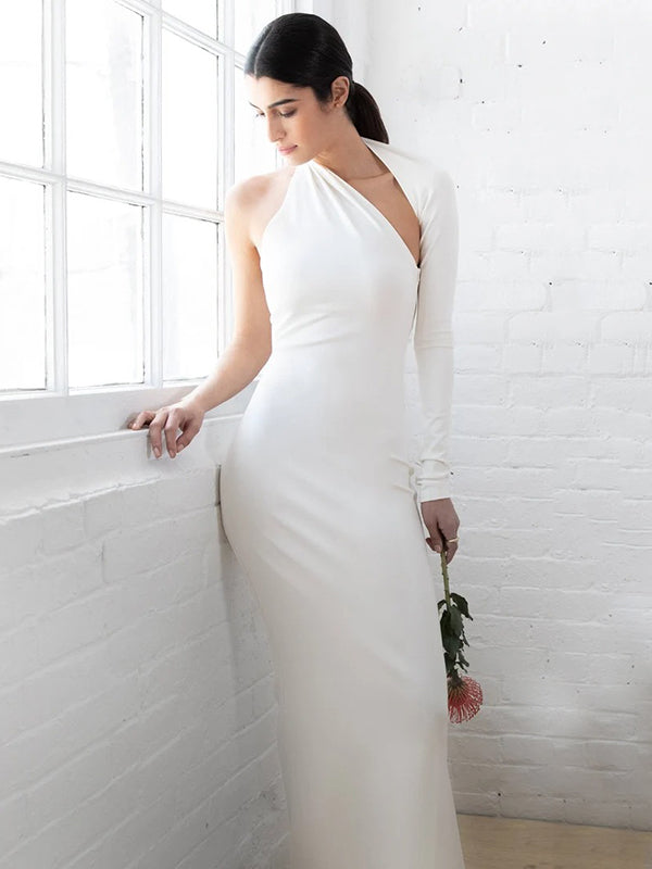 Stylish Skinny Asymmetric Hollow Backless One-Shoulder Maxi Dress