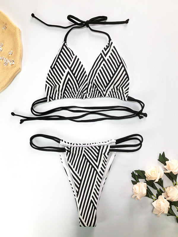 Padded Backless Color-Block Striped Hollow Halter-Neck Bikini Swimsuit