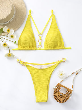 Backless Hollow Solid Color Padded Spaghetti-Neck Bikini Swimsuit