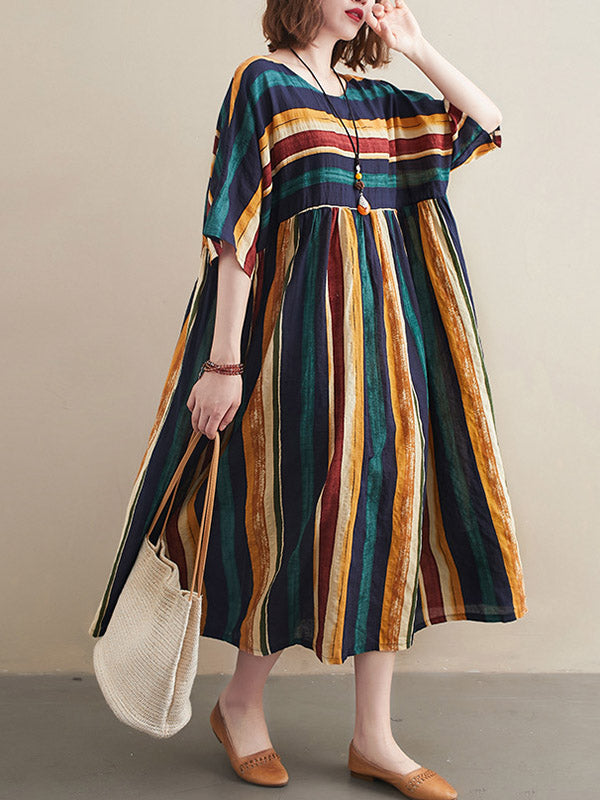 Original Cotton Blend Stripe Half Sleeve Maxi Dress