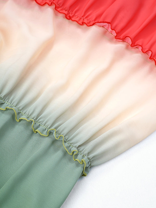 Bandage Color-Block Long Sleeves Loose Deep V-Neck Cover-Ups Swimwear